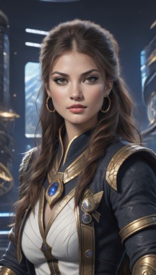 1girl,solo,long hair,breasts,looking at viewer,brown hair,cleavage,brown eyes,jewelry,medium breasts,closed mouth,jacket,upper body,earrings,blurry,lips,makeup,blurry background,forehead,freckles,science fiction,hoop earrings,realistic,nose,open clothes,artist name,necklace,lipstick