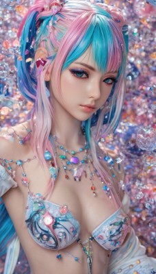 1girl,solo,long hair,breasts,looking at viewer,bangs,blue eyes,hair ornament,navel,cleavage,bare shoulders,twintails,jewelry,medium breasts,closed mouth,blue hair,collarbone,swimsuit,upper body,pink hair,sidelocks,bikini,multicolored hair,earrings,detached sleeves,artist name,signature,necklace,blurry,two-tone hair,aqua eyes,lips,eyelashes,aqua hair,gradient hair,makeup,depth of field,blurry background,gem,revealing clothes,eyeshadow,bubble,crystal,pink lips,realistic,nose,bikini armor,blue gemstone,mascara,pearl (gemstone),underwear,small breasts,open clothes,bra,watermark,expressionless,piercing,ear piercing,beads,water drop,eyeliner