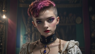 1girl,solo,looking at viewer,short hair,jewelry,closed mouth,green eyes,collarbone,upper body,pink hair,red hair,multicolored hair,earrings,frills,choker,indoors,necklace,blurry,collar,two-tone hair,lips,eyelashes,blood,makeup,blurry background,lipstick,gem,portrait,eyeshadow,freckles,red lips,eyeliner,very short hair,undercut,mascara,bangs,blue eyes,dress,artist name,mole,scar,piercing,scar on face,realistic