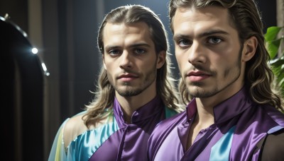 HQ,long hair,looking at viewer,blonde hair,brown hair,shirt,black hair,brown eyes,closed mouth,upper body,male focus,parted lips,multiple boys,collared shirt,2boys,medium hair,lips,facial hair,plant,portrait,beard,realistic,mustache,stubble,purple shirt,animification,grey eyes,light