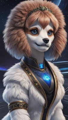 1girl,solo,breasts,smile,short hair,blue eyes,brown hair,animal ears,jewelry,upper body,sky,artist name,signature,necklace,coat,fur trim,fangs,tiara,gem,star (sky),furry,armlet,starry sky,fur collar,crystal,furry female,white coat,space,body fur,white fur,fur,animal nose,whiskers,snout,blue gemstone,black fur,bangs,closed mouth,eyelashes,night,moon,night sky