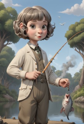 1girl,solo,looking at viewer,smile,short hair,brown hair,shirt,long sleeves,1boy,holding,brown eyes,standing,jacket,outdoors,parted lips,necktie,sky,day,belt,pants,cloud,water,vest,tree,blue sky,bird,animal,white jacket,thick eyebrows,child,androgynous,smoke,freckles,fish,brown pants,river,brown vest,lake,fishing rod,fishing,holding fishing rod,blush,white shirt,open clothes,open jacket,lips,watermark,rock,nose,green necktie,boat,fishing line