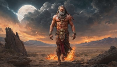 solo,long hair,black hair,1boy,navel,jewelry,nipples,standing,full body,male focus,earrings,outdoors,sky,barefoot,cloud,necklace,bracelet,blood,tattoo,muscular,night,glowing,facial hair,scar,abs,moon,cloudy sky,fire,pectorals,muscular male,star (sky),night sky,claws,beard,full moon,starry sky,walking,topless male,injury,rock,mountain,loincloth,molten rock,gloves,piercing,circlet,bald,chest hair,tribal