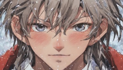 solo,looking at viewer,blush,short hair,bangs,blue eyes,brown hair,1boy,hair between eyes,closed mouth,grey hair,male focus,outdoors,parted lips,grey eyes,portrait,snow,close-up,snowing,straight-on,1girl,smile,jacket,braid,blurry,red jacket