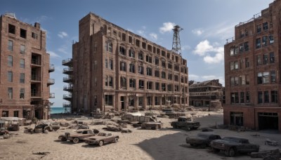 outdoors,sky,day,cloud,water,blue sky,military,no humans,window,ocean,beach,ground vehicle,building,scenery,motor vehicle,city,sand,military vehicle,car,road,ruins,tank,vehicle focus,caterpillar tracks,truck,shadow,cloudy sky,rock,debris,rubble,tire,broken window