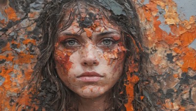 1girl,solo,long hair,looking at viewer,brown hair,black hair,closed mouth,lips,grey eyes,blood,leaf,portrait,blood on face,realistic,nose,bangs,blue eyes,eyelashes,heterochromia,freckles,autumn leaves,straight-on,autumn,orange theme