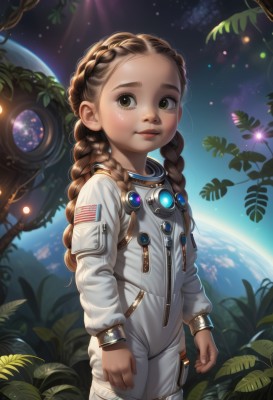 1girl,solo,long hair,looking at viewer,blush,brown hair,long sleeves,twintails,brown eyes,closed mouth,standing,braid,cowboy shot,outdoors,sky,twin braids,lips,bodysuit,leaf,plant,child,star (sky),forehead,clenched hands,zipper,starry sky,freckles,realistic,nose,female child,space,planet,earth (planet),american flag,spacesuit,astronaut,smile,green eyes,flat chest,arms at sides,crown braid