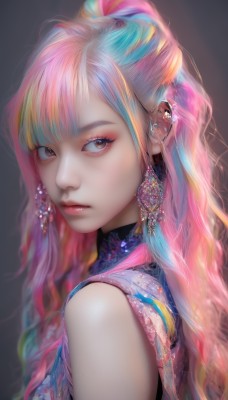 1girl,solo,long hair,looking at viewer,bangs,simple background,dress,bare shoulders,brown eyes,jewelry,closed mouth,blue hair,upper body,ponytail,pink hair,multicolored hair,earrings,sleeveless,blunt bangs,grey background,from side,lips,looking to the side,eyelashes,makeup,wavy hair,piercing,ear piercing,eyeshadow,realistic,nose,red lips,eyeliner,rainbow hair,blonde hair,artist name,orange hair,streaked hair,expressionless,gem,portrait,mascara