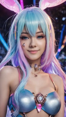 1girl,solo,long hair,breasts,looking at viewer,smile,bangs,blue eyes,animal ears,cleavage,bare shoulders,jewelry,medium breasts,closed mouth,underwear,blue hair,collarbone,upper body,pink hair,multicolored hair,choker,necklace,bra,rabbit ears,two-tone hair,lips,looking to the side,eyelashes,gradient hair,makeup,fake animal ears,looking away,gem,freckles,realistic,nose,blue bra,hair ornament,artist name,facial mark,science fiction