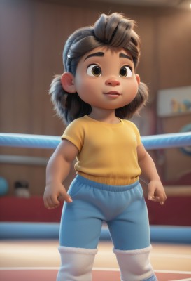 1girl,solo,smile,open mouth,brown hair,shirt,black hair,brown eyes,jewelry,standing,short sleeves,earrings,parted lips,shorts,pants,indoors,medium hair,blurry,lips,loli,blurry background,feet out of frame,t-shirt,child,freckles,yellow shirt,female child,stud earrings,short hair,twintails,depth of field,stuffed toy,denim,jeans