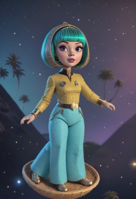 1girl,solo,breasts,looking at viewer,short hair,bangs,blue eyes,shirt,long sleeves,jewelry,standing,purple eyes,full body,small breasts,outdoors,parted lips,green hair,sky,shoes,collared shirt,belt,pants,artist name,signature,blunt bangs,star (symbol),nail polish,bracelet,tree,lips,aqua hair,makeup,night,watermark,bob cut,lipstick,star (sky),night sky,web address,starry sky,yellow shirt,palm tree,space,bodysuit,realistic,badge