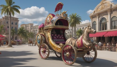 hat,outdoors,food,multiple boys,sky,day,cloud,tree,blue sky,no humans,fruit,shadow,animal,umbrella,ground vehicle,building,scenery,6+boys,palm tree,riding,parasol,horse,crowd,saddle,multiple girls,signature,city,fantasy,road,street,banner,horseback riding,people