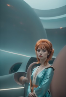 1girl,solo,breasts,looking at viewer,brown hair,long sleeves,dress,cleavage,brown eyes,jewelry,collarbone,earrings,small breasts,orange hair,lips,makeup,blue dress,lipstick,freckles,science fiction,realistic,aircraft,nose,red lips,short hair,bangs,blue eyes,red hair,parted lips,teeth,belt,own hands together