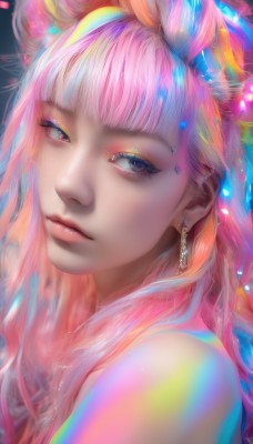 1girl,solo,long hair,looking at viewer,bangs,bare shoulders,jewelry,closed mouth,upper body,pink hair,multicolored hair,earrings,blunt bangs,black eyes,lips,eyelashes,makeup,piercing,portrait,eyeshadow,realistic,nose,eyeliner,colorful,mascara,rainbow hair,blue eyes,artist name,grey eyes,gem