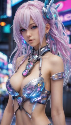 1girl,solo,long hair,breasts,looking at viewer,bangs,blue eyes,hair ornament,navel,cleavage,bare shoulders,jewelry,medium breasts,swimsuit,upper body,pink hair,bikini,earrings,necklace,armor,blurry,lips,blurry background,armlet,realistic,bikini armor,hair between eyes,closed mouth,parted lips,collar,piercing,science fiction