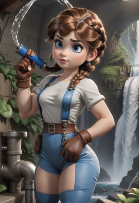 1girl,solo,long hair,breasts,blue eyes,brown hair,shirt,thighhighs,gloves,jewelry,medium breasts,white shirt,braid,short sleeves,cowboy shot,earrings,shorts,belt,water,twin braids,lips,watermark,suspenders,plant,denim,brown gloves,freckles,pouch,brown belt,overalls,waterfall,looking at viewer,blush,bangs,holding,closed mouth,standing,thighs,outdoors,artist name,fingerless gloves,short shorts,leaf,blue thighhighs,fountain