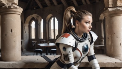 1girl,solo,long hair,brown hair,brown eyes,ponytail,weapon,indoors,armor,lips,chair,table,high ponytail,shoulder armor,science fiction,pauldrons,breastplate,realistic,nose,ruins,hair pulled back,pillar,column