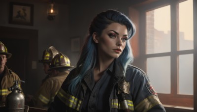 1girl,long hair,shirt,black hair,1boy,hat,brown eyes,blue hair,jacket,upper body,multicolored hair,multiple boys,solo focus,collared shirt,indoors,2boys,uniform,lips,looking to the side,window,blood,makeup,helmet,realistic,nose,red lips,old,police,police uniform,policewoman,open clothes,aged down,goggles,lamp