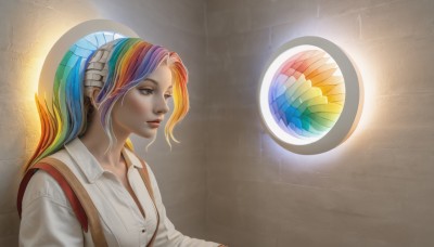 1girl,solo,long hair,smile,blue eyes,blonde hair,shirt,blue hair,white shirt,upper body,purple hair,multicolored hair,collared shirt,lips,dress shirt,suspenders,personification,realistic,nose,wall,brick wall,rainbow gradient,rainbow hair,ponytail,pink hair,window,makeup