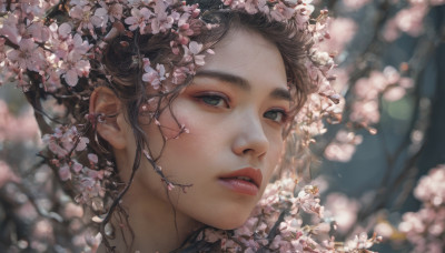 1girl, solo, long hair, looking at viewer, brown hair, flower, outdoors, parted lips, teeth, blurry, tree, lips, depth of field, blurry background, sunlight, cherry blossoms, portrait, freckles, realistic, nose, branch, dappled sunlight