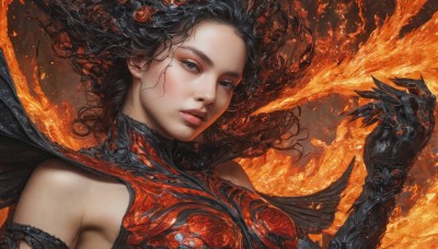 1girl,solo,long hair,breasts,looking at viewer,black hair,hair ornament,bare shoulders,upper body,flower,parted lips,wings,hand up,hair flower,armor,black eyes,lips,grey eyes,floating hair,fire,gauntlets,realistic,nose,fantasy,short hair,blue eyes,cape,portrait,claws