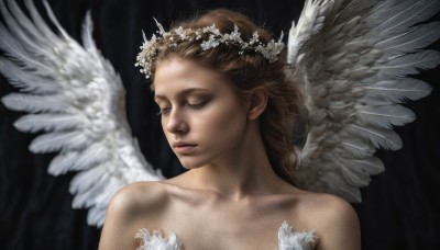 1girl,solo,long hair,brown hair,hair ornament,bare shoulders,closed mouth,collarbone,closed eyes,upper body,flower,nude,wings,hair flower,lips,black background,feathered wings,angel wings,realistic,white wings,angel,head wreath,portrait