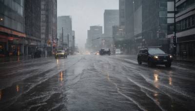 outdoors,sky,cloud,no humans,night,ground vehicle,building,scenery,motor vehicle,reflection,rain,city,sign,car,road,cityscape,vehicle focus,lamppost,street,skyscraper,road sign,puddle,grey sky,traffic light,crosswalk,sidewalk,day,water,window,cloudy sky,fire