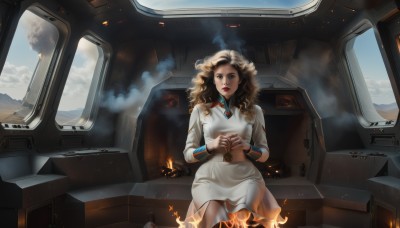 1girl,solo,long hair,breasts,blonde hair,brown hair,long sleeves,dress,holding,brown eyes,sitting,parted lips,sky,cloud,white dress,cup,lips,window,makeup,fire,lipstick,smoke,science fiction,curly hair,realistic,red lips,cockpit,looking at viewer,wavy hair,aircraft,airplane,spacecraft