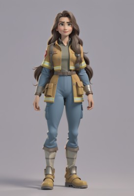 1girl,solo,long hair,breasts,looking at viewer,smile,simple background,brown hair,shirt,long sleeves,brown eyes,very long hair,standing,jacket,full body,boots,parted lips,open clothes,belt,pants,grey background,vest,lips,shadow,denim,pocket,nose,arms at sides,blue pants,blue eyes,jewelry,medium breasts,closed mouth,short sleeves,open jacket,wavy hair,brown footwear,thick eyebrows,buckle,brown jacket,emblem,brown belt,jumpsuit