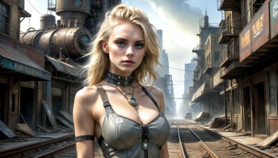 HQ,1girl,solo,long hair,breasts,looking at viewer,blue eyes,blonde hair,large breasts,cleavage,bare shoulders,jewelry,medium breasts,collarbone,upper body,outdoors,parted lips,sky,choker,day,cloud,necklace,mole,collar,lips,cloudy sky,tank top,robot,building,forehead,pendant,freckles,science fiction,mole on breast,injury,city,realistic,nose,dirty,dirty face,steampunk,earrings,armlet,road