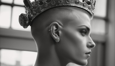 1girl,solo,1boy,jewelry,closed mouth,monochrome,greyscale,male focus,earrings,indoors,dark skin,blurry,from side,lips,profile,blurry background,piercing,crown,ear piercing,portrait,realistic,very short hair,hat,window,looking away,bald