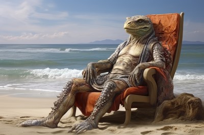 solo,red eyes,sitting,tail,full body,outdoors,sky,day,cloud,water,no humans,ocean,chair,beach,claws,monster,realistic,sand,scales,blue sky,pokemon (creature),colored skin,parody,horizon,shell,throne,alien,fine art parody,turtle,dinosaur,lizard