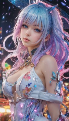 1girl,solo,long hair,breasts,looking at viewer,bangs,blue eyes,dress,animal ears,cleavage,bare shoulders,jewelry,medium breasts,blue hair,upper body,pink hair,multicolored hair,parted lips,horns,blurry,two-tone hair,lips,petals,gradient hair,makeup,blurry background,realistic,ponytail,earrings,sleeveless,artist name,floral print,nose