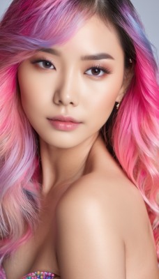 1girl,solo,long hair,breasts,looking at viewer,bangs,simple background,black hair,cleavage,bare shoulders,brown eyes,jewelry,medium breasts,closed mouth,upper body,pink hair,multicolored hair,earrings,black eyes,two-tone hair,lips,eyelashes,gradient hair,makeup,piercing,eyeshadow,realistic,nose,portrait