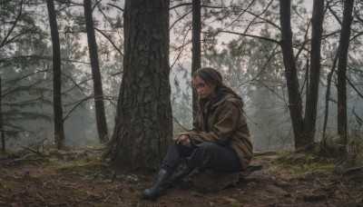 1girl,solo,long hair,brown hair,black hair,long sleeves,1boy,brown eyes,sitting,closed mouth,jacket,boots,outdoors,pants,hood,black footwear,tree,coat,black pants,nature,forest,realistic,leaf,knee boots,hood down,denim,scenery,brown jacket,jeans,blue pants,on ground