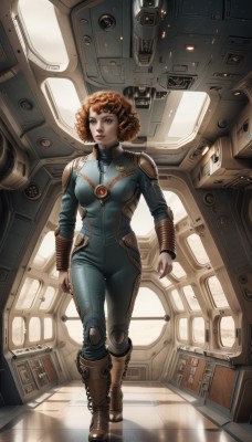 1girl,solo,breasts,looking at viewer,short hair,brown hair,brown eyes,medium breasts,standing,full body,boots,signature,lips,bodysuit,brown footwear,knee boots,walking,science fiction,curly hair,realistic,pilot suit,space,spacecraft,spacesuit,afro,orange hair,looking to the side,watermark,web address,freckles