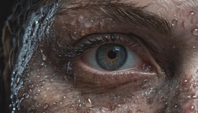 solo,looking at viewer,bangs,blue eyes,brown hair,1boy,water,blurry,eyelashes,close-up,1other,reflection,water drop,eye focus,1girl,black hair,green eyes,male focus,teeth,depth of field,portrait,realistic