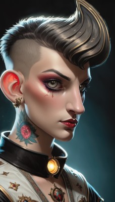 1girl,solo,looking at viewer,short hair,black hair,1boy,jewelry,closed mouth,male focus,heart,multicolored hair,earrings,two-tone hair,lips,grey eyes,eyelashes,tattoo,makeup,scar,facial mark,lipstick,black background,brooch,gem,portrait,eyeshadow,realistic,nose,red lips,eyeliner,undercut,pompadour,mascara,neck tattoo,brown eyes,flower,artist name,very short hair,facial tattoo