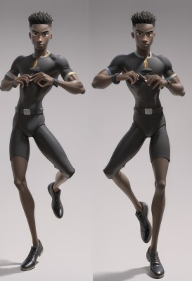 looking at viewer,short hair,black hair,1boy,brown eyes,standing,full body,male focus,shoes,shorts,belt,dark skin,gradient,gradient background,multiple views,dark-skinned male,standing on one leg,wristband,sneakers,watch,sportswear,wristwatch,heart hands,very dark skin,smile,open mouth,simple background,shirt,jewelry,closed mouth,short sleeves,parted lips,teeth,grey background,necklace,black footwear,black eyes,black shirt,bodysuit,black shorts,bandaid,black bodysuit,bandaid on face,undercut