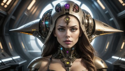 HQ,1girl,solo,long hair,looking at viewer,brown hair,brown eyes,upper body,parted lips,armor,lips,makeup,headgear,helmet,portrait,science fiction,realistic,nose,cyborg,cyberpunk,close-up