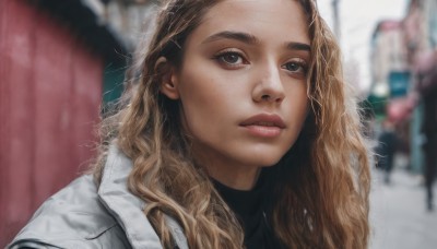 1girl,solo,long hair,looking at viewer,blonde hair,brown hair,brown eyes,jacket,upper body,parted lips,solo focus,blurry,black eyes,lips,coat,depth of field,blurry background,wavy hair,portrait,forehead,freckles,curly hair,realistic,nose,white coat,outdoors,teeth,day,close-up