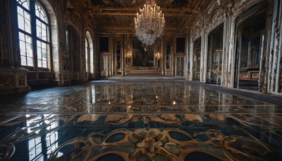 day,indoors,water,no humans,window,sunlight,plant,scenery,reflection,stairs,door,light,candle,architecture,pillar,church,arch,candlestand,reflective floor,chandelier,column,chair,table,wooden floor,fantasy,tile floor