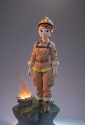 1girl,solo,looking at viewer,smile,short hair,brown hair,hat,brown eyes,jewelry,standing,full body,red hair,earrings,boots,belt,pants,orange hair,black eyes,brown footwear,helmet,fire,goggles,cross-laced footwear,freckles,rock,blush,long sleeves,grass,child,sleeves rolled up,jumpsuit