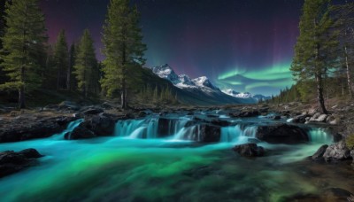 outdoors,sky,signature,water,tree,no humans,night,star (sky),nature,night sky,scenery,forest,starry sky,rock,mountain,river,waterfall,landscape,lake,aurora