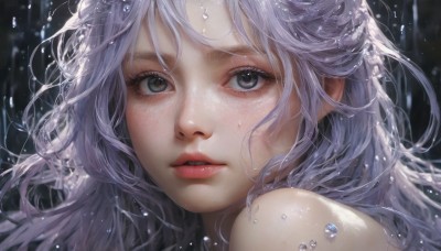 1girl,solo,long hair,looking at viewer,bangs,bare shoulders,purple hair,grey hair,parted lips,teeth,water,lips,grey eyes,eyelashes,portrait,close-up,freckles,water drop,realistic,nose,white hair,artist name,blurry,black eyes,floating hair,messy hair,rain,pink lips