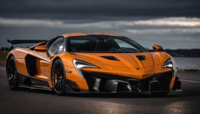 outdoors,sky,cloud,blurry,no humans,blurry background,cloudy sky,ground vehicle,motor vehicle,car,road,vehicle focus,grey sky,wheel,sports car,solo