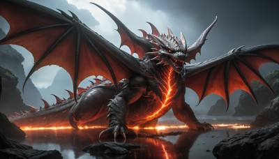 HQ,solo,open mouth,red eyes,tail,outdoors,wings,horns,sky,teeth,cloud,water,no humans,glowing,fangs,cloudy sky,fire,sharp teeth,glowing eyes,claws,spikes,flying,monster,rock,mountain,fantasy,dragon,dragon tail,scales,dragon wings,molten rock,scenery,reflection