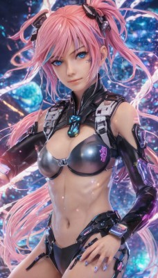 1girl,solo,long hair,breasts,looking at viewer,smile,bangs,blue eyes,hair ornament,navel,cleavage,twintails,medium breasts,very long hair,closed mouth,swimsuit,pink hair,bikini,cowboy shot,detached sleeves,midriff,shiny,stomach,nail polish,lips,hand on hip,clothing cutout,tattoo,headgear,blue nails,science fiction,blue hair,multicolored hair,black bikini,facial mark