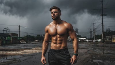 solo,looking at viewer,short hair,brown hair,1boy,navel,jewelry,closed mouth,nipples,male focus,outdoors,sky,pants,cloud,dark skin,stomach,blurry,muscular,blurry background,facial hair,black pants,abs,dark-skinned male,ring,thick eyebrows,cloudy sky,pectorals,muscular male,building,bara,beard,large pectorals,rain,topless male,watch,mature male,realistic,wristwatch,road,manly,power lines,chest hair,navel hair,track pants,photo background,arm hair,grey sky,black hair,necklace,dog tags,utility pole