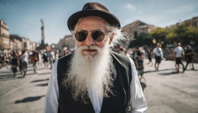 solo,looking at viewer,shirt,long sleeves,1boy,hat,white shirt,upper body,white hair,male focus,outdoors,sky,solo focus,day,blurry,vest,blue sky,black headwear,depth of field,blurry background,facial hair,sunglasses,facing viewer,beard,black vest,realistic,mustache,road,old,old man,crowd,photo background,people,smile,short hair,closed mouth,tree,6+boys,bald